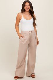 Beige Pleated Drawstring Waist Maternity Pants