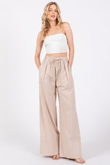 Beige Pleated Drawstring Waist Maternity Pants