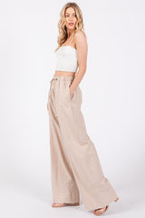 Beige Pleated Drawstring Waist Pants