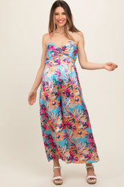 Light Blue Floral Front Twist Maternity Jumpsuit