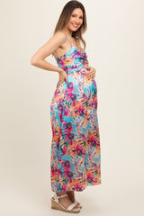 Light Blue Floral Front Twist Maternity Jumpsuit