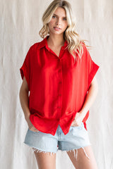 Red Satin Button Front Collared Short Sleeve Top