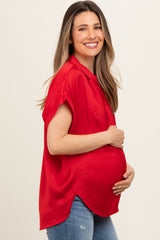 Red Satin Button Front Collared Short Sleeve Maternity Top