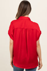 Red Satin Button Front Collared Short Sleeve Maternity Top