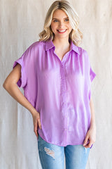 Purple Satin Button Front Collared Short Sleeve Top