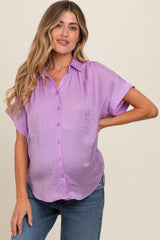 Purple Satin Button Front Collared Short Sleeve Maternity Top