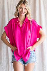 Fuchsia Satin Button Front Collared Short Sleeve Top