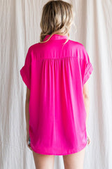 Fuchsia Satin Button Front Collared Short Sleeve Top