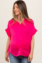 Fuchsia Satin Button Front Collared Short Sleeve Maternity Top