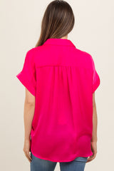 Fuchsia Satin Button Front Collared Short Sleeve Maternity Top