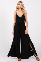 Black Sleeveless V-Neck Split Hem Maternity Jumpsuit