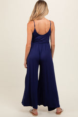 Navy Blue Sleeveless V-Neck Split Hem Maternity Jumpsuit