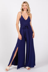 Navy Blue Sleeveless V-Neck Split Hem Jumpsuit