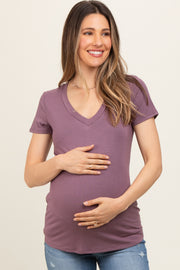 Purple V-Neck Short Sleeve Maternity Top