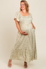 Light Green Floral Short Sleeve Maternity Plus Maxi Dress