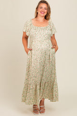 Light Green Floral Short Sleeve Maternity Plus Maxi Dress