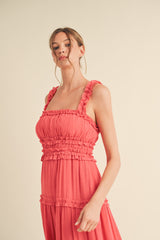 Coral Red Ruffled Midi Dress