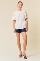 Vanilla Bubble Short Sleeve Pintuck Button Down Blouse