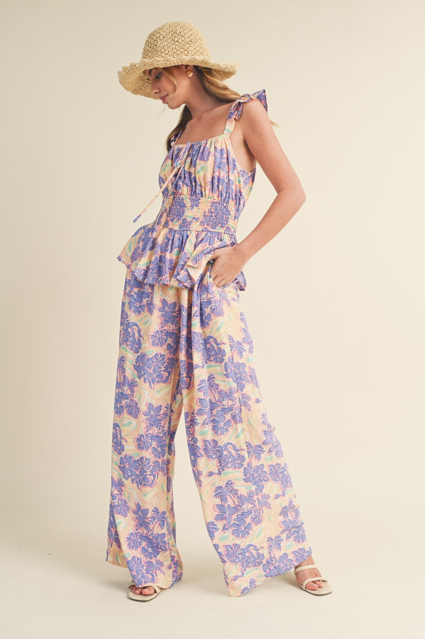 Lavender Floral Smocked Bodice Wide Leg Jumpsuit PinkBlush