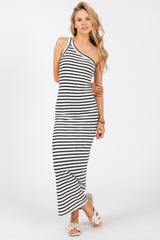 Black Striped Single Shoulder Knit Maternity Maxi Dress