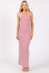 Red Striped Single Shoulder Knit Maternity Maxi Dress