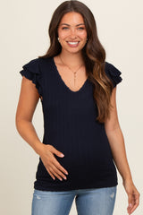 Navy Blue Cable Knit Layered Ruffle Sleeve Maternity Top