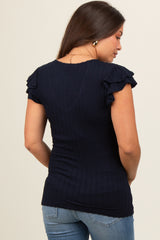 Navy Blue Cable Knit Layered Ruffle Sleeve Maternity Top