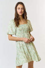 Light Olive Floral Smocked Square Neck Maternity Dress