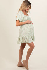 Light Olive Floral Smocked Square Neck Maternity Dress