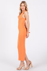 Orange Ribbed Sleeveless Back Slit Midi Dress