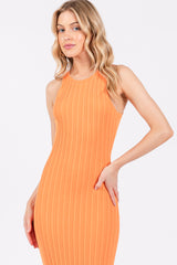 Orange Ribbed Sleeveless Back Slit Midi Dress