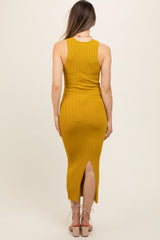 Yellow Ribbed Sleeveless Back Slit Maternity Midi Dress