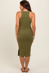 Olive Acid Wash Ribbed Sleeveless Maternity Midi Dress