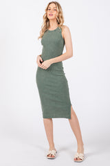 Olive Acid Wash Ribbed Sleeveless Maternity Midi Dress