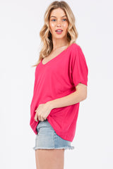 Fuchsia Short Dolman Sleeve V-Neck Top