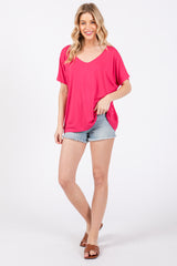 Fuchsia Short Dolman Sleeve V-Neck Top