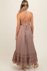 Taupe Smocked Halter Cutout Maternity Maxi Dress