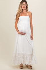 White Smocked Halter Cutout Maternity Maxi Dress