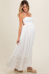 White Smocked Halter Cutout Maternity Maxi Dress