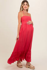 Coral Smocked Halter Cutout Maternity Maxi Dress