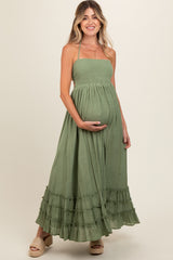 Olive Smocked Halter Cutout Maternity Maxi Dress