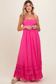 Pink Smocked Halter Cutout Maternity Maxi Dress