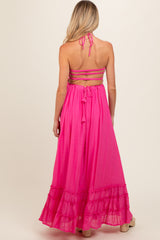 Pink Smocked Halter Cutout Maternity Maxi Dress