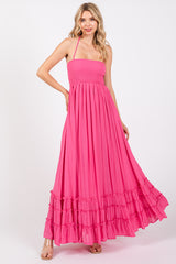 Pink Smocked Halter Cutout Maternity Maxi Dress