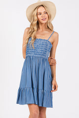 Blue Striped Ruffle Trim Maternity Dress