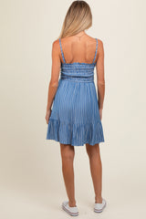 Blue Striped Ruffle Trim Maternity Dress