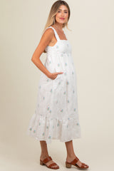 White Eyelet Floral Embroidered Back Tie Cutout Maternity Midi Dress