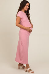 Pink Short Sleeve Maternity Midi T-Shirt Dress