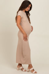 Taupe Short Sleeve Maternity Midi T-Shirt Dress