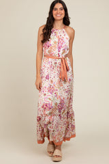 Lavender Floral Halter Front Tie Maxi Dress